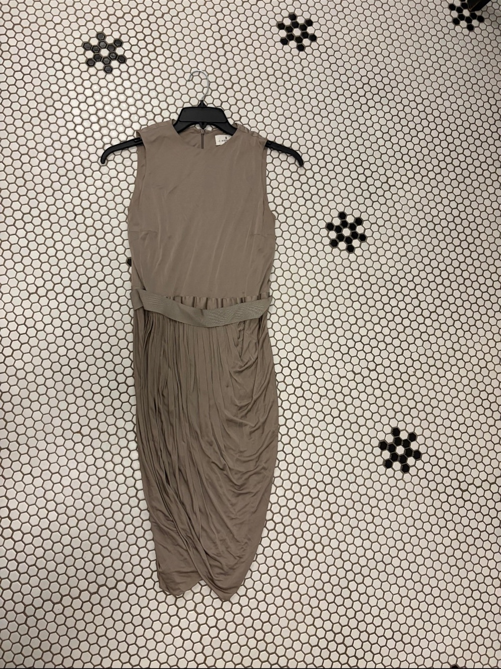 J. Mendel Sleeveless Taupe Midi Dress with Pleated Skirt